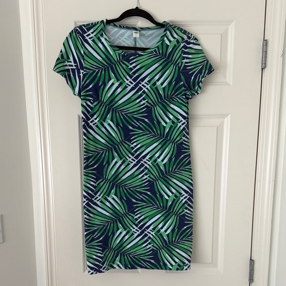 Green Palm-Print Short Sleeve Dress